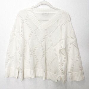 Kinross Sweater White 100% Linen Openwork Lightweight Vented Hem V-Neck